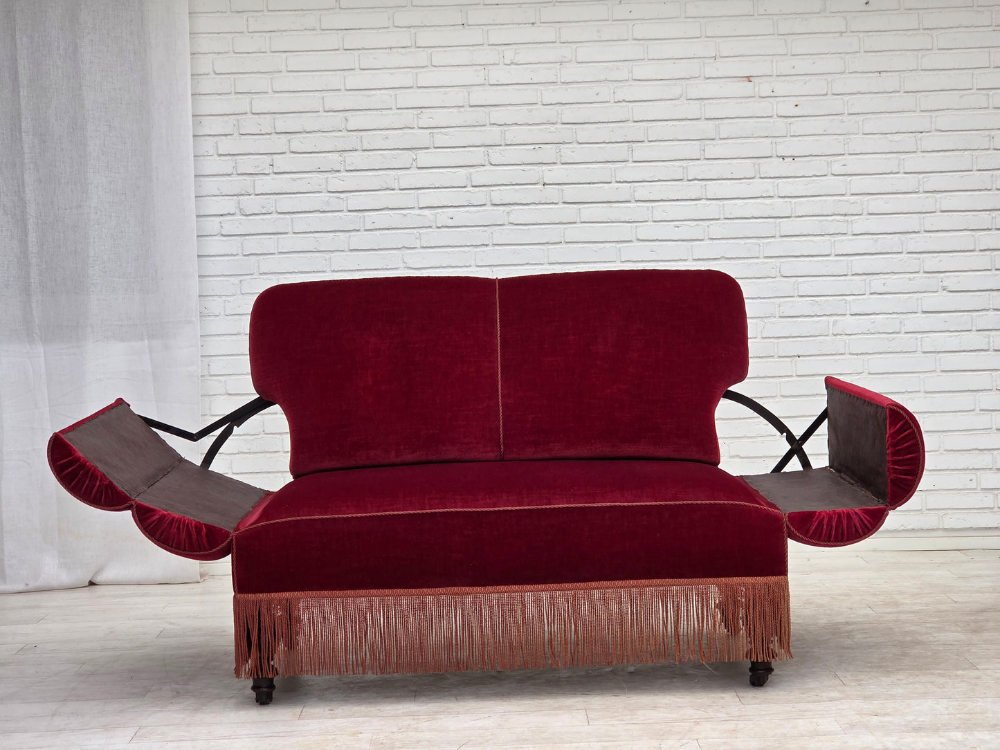 1950s, Danish 2-seater drop arm/back sofa, cherry-red furniture velour.