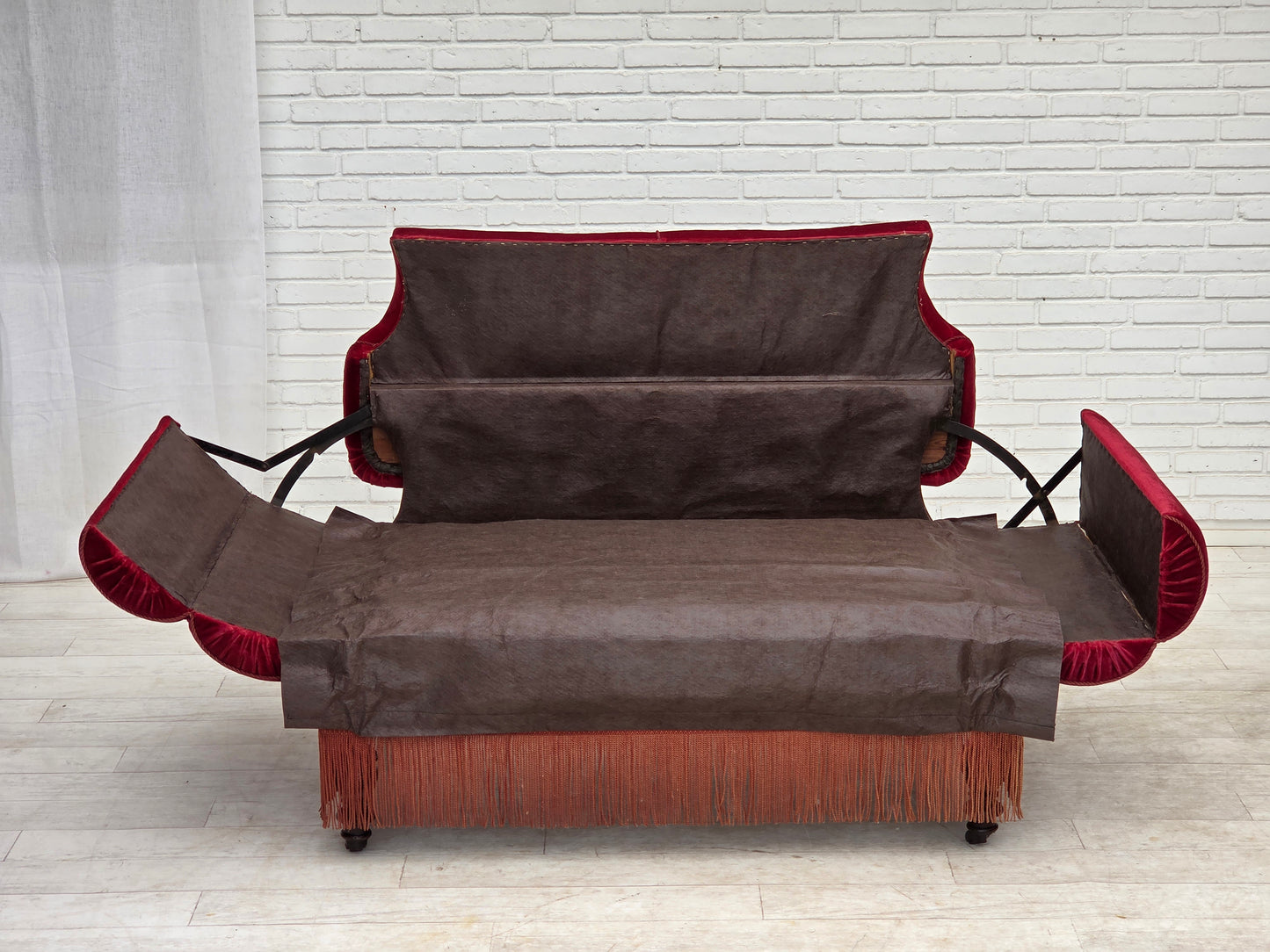 1950s, Danish 2-seater drop arm/back sofa, cherry-red furniture velour.