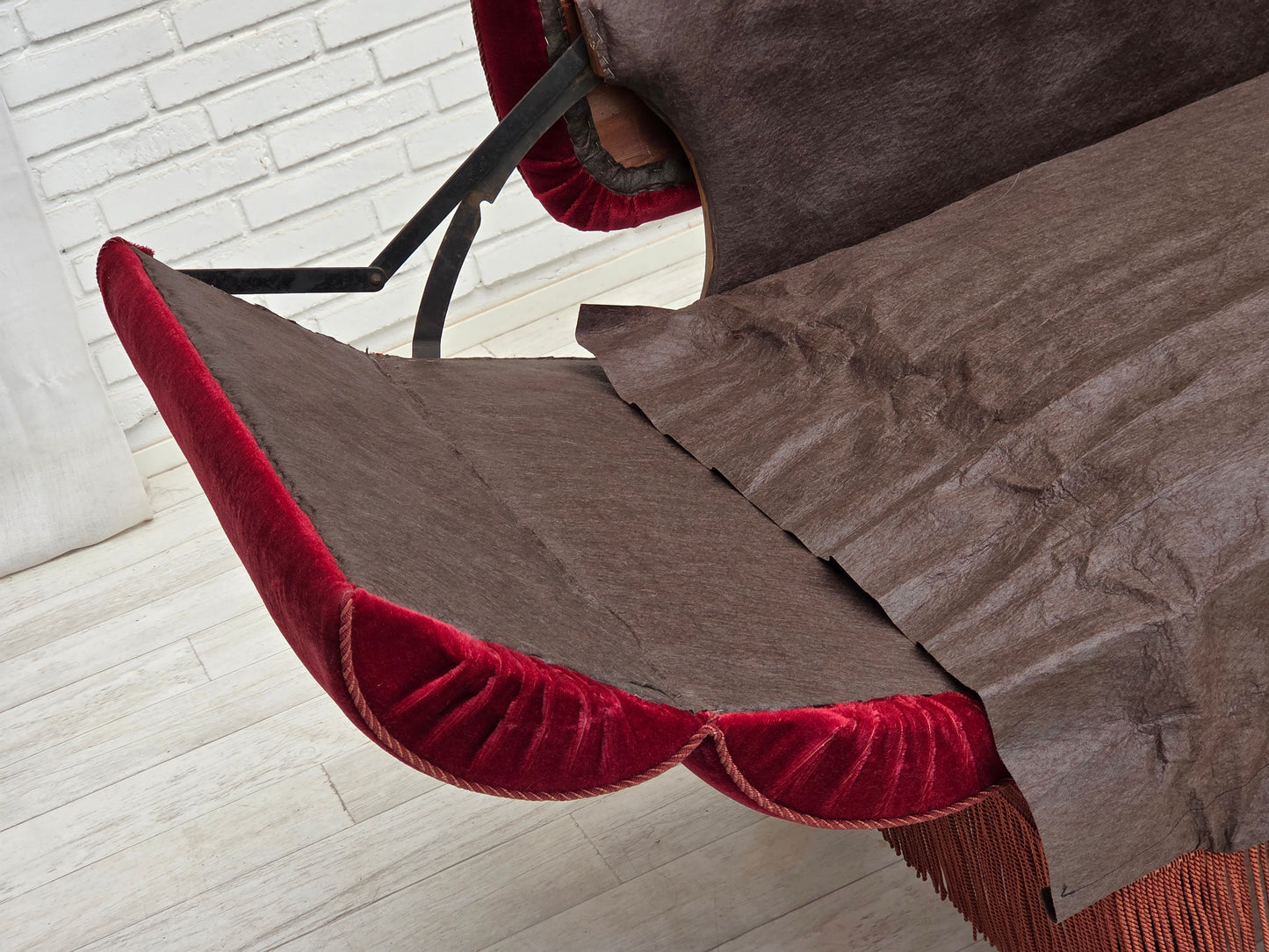 1950s, Danish 2-seater drop arm/back sofa, cherry-red furniture velour.