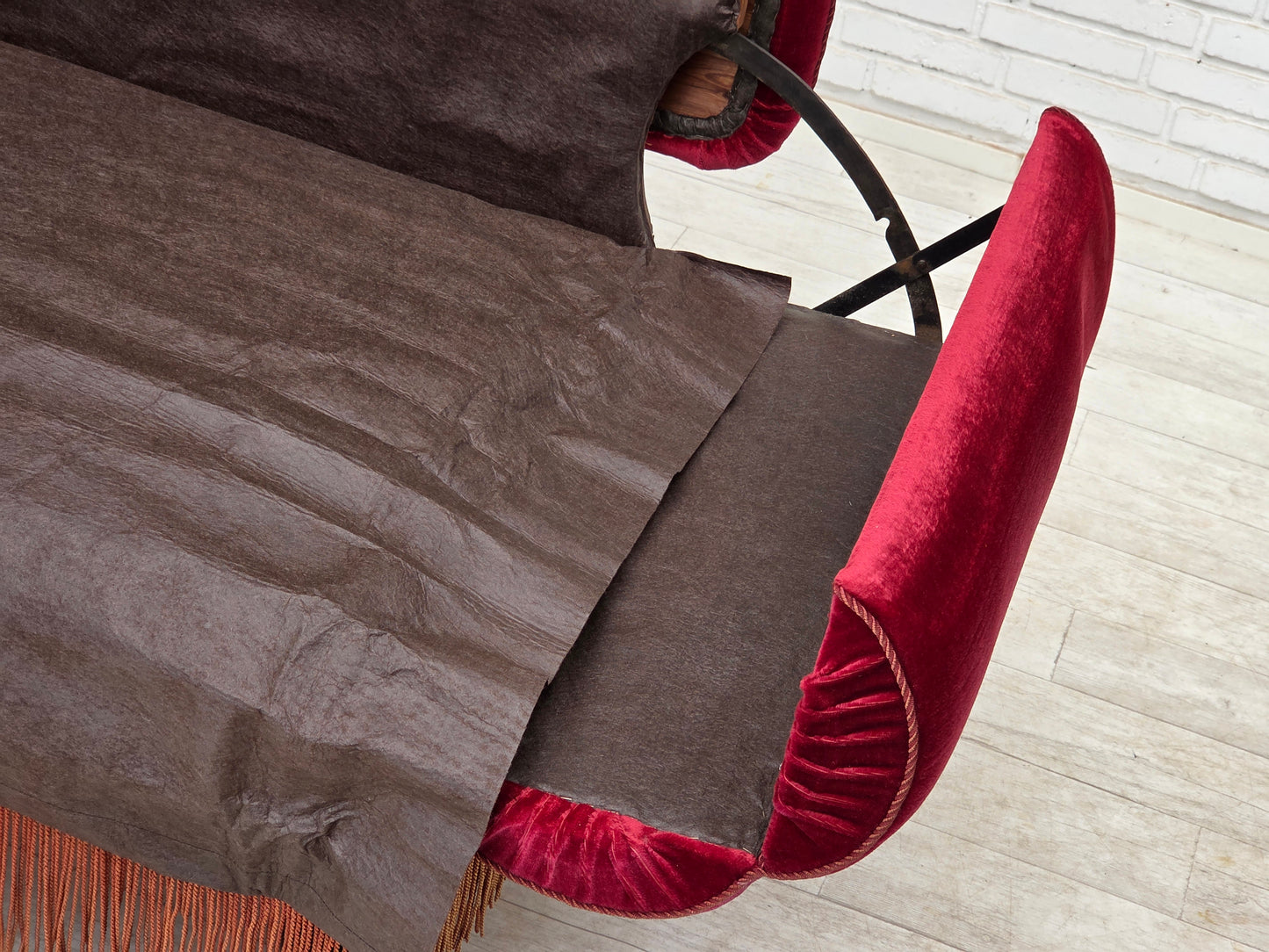 1950s, Danish 2-seater drop arm/back sofa, cherry-red furniture velour.