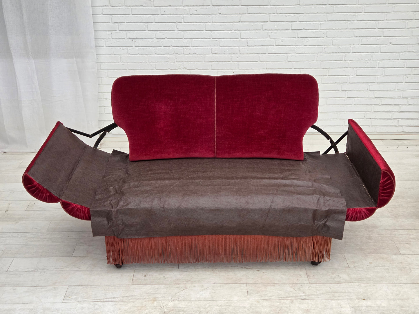 1950s, Danish 2-seater drop arm/back sofa, cherry-red furniture velour.