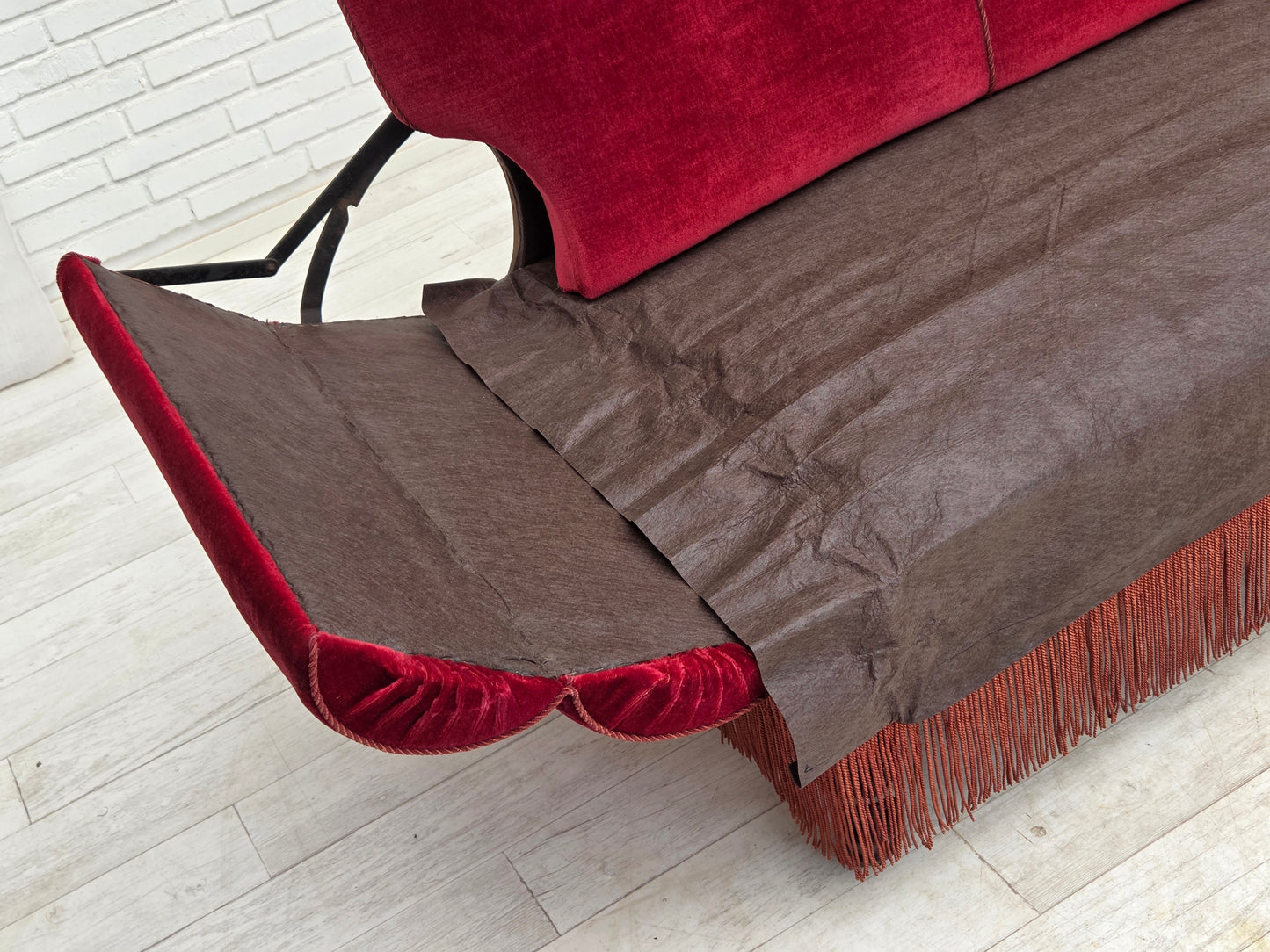 1950s, Danish 2-seater drop arm/back sofa, cherry-red furniture velour.