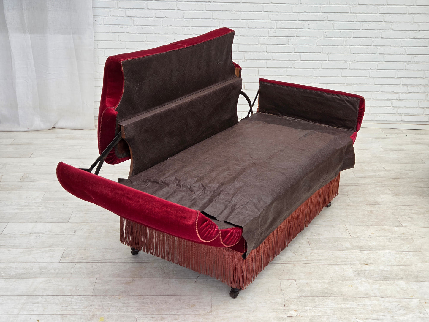 1950s, Danish 2-seater drop arm/back sofa, cherry-red furniture velour.
