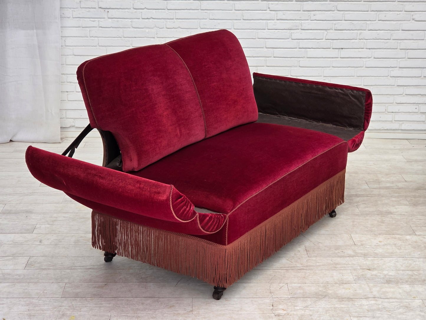 1950s, Danish 2-seater drop arm/back sofa, cherry-red furniture velour.