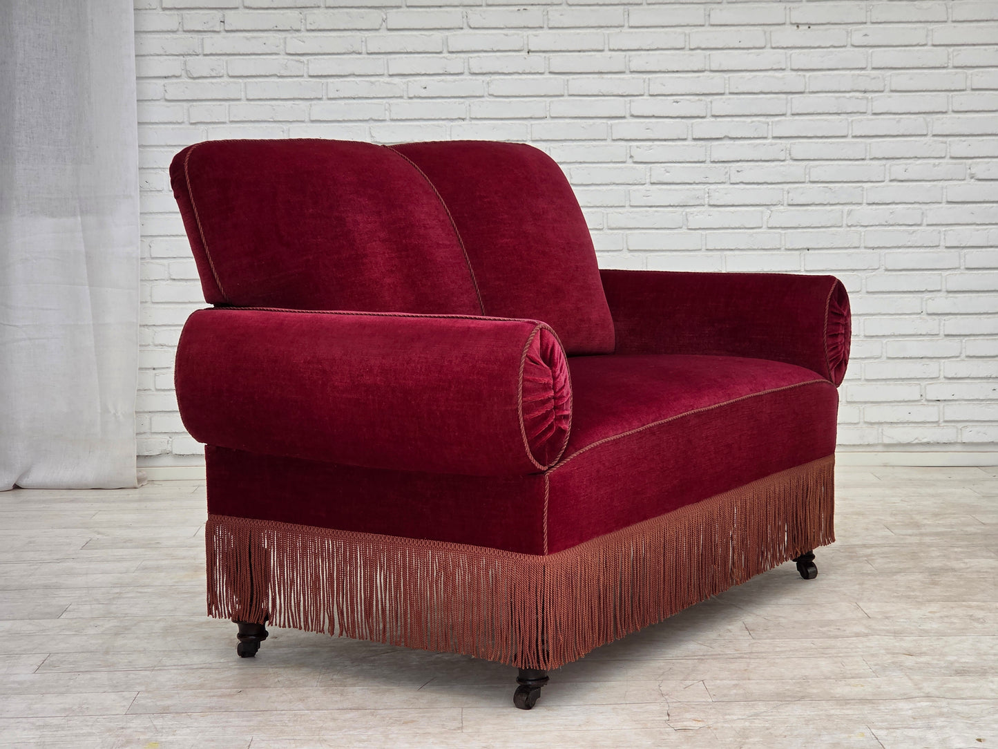 1950s, Danish 2-seater drop arm/back sofa, cherry-red furniture velour.
