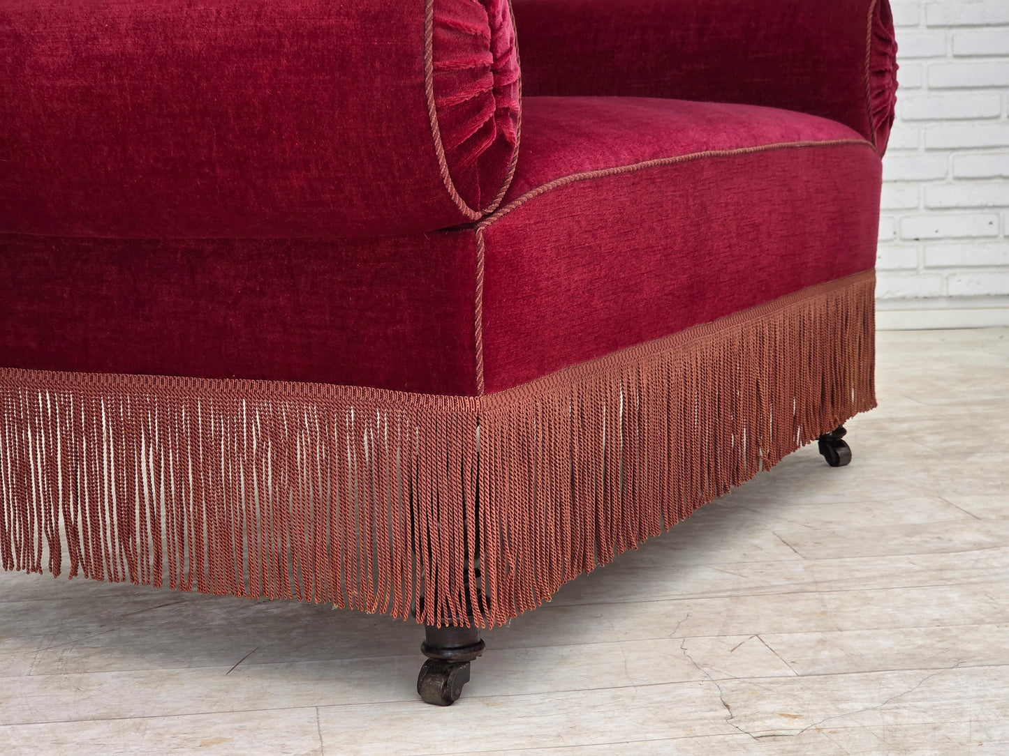 1950s, Danish 2-seater drop arm/back sofa, cherry-red furniture velour.