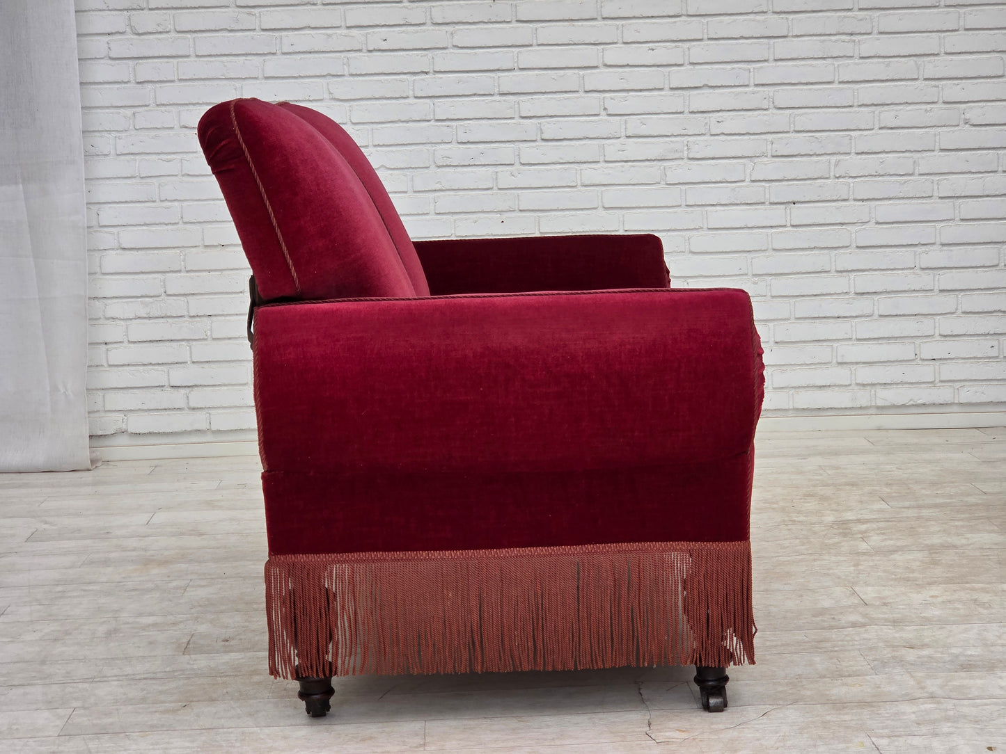 1950s, Danish 2-seater drop arm/back sofa, cherry-red furniture velour.