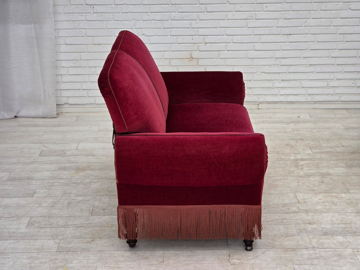 1950s, Danish 2-seater drop arm/back sofa, cherry-red furniture velour.