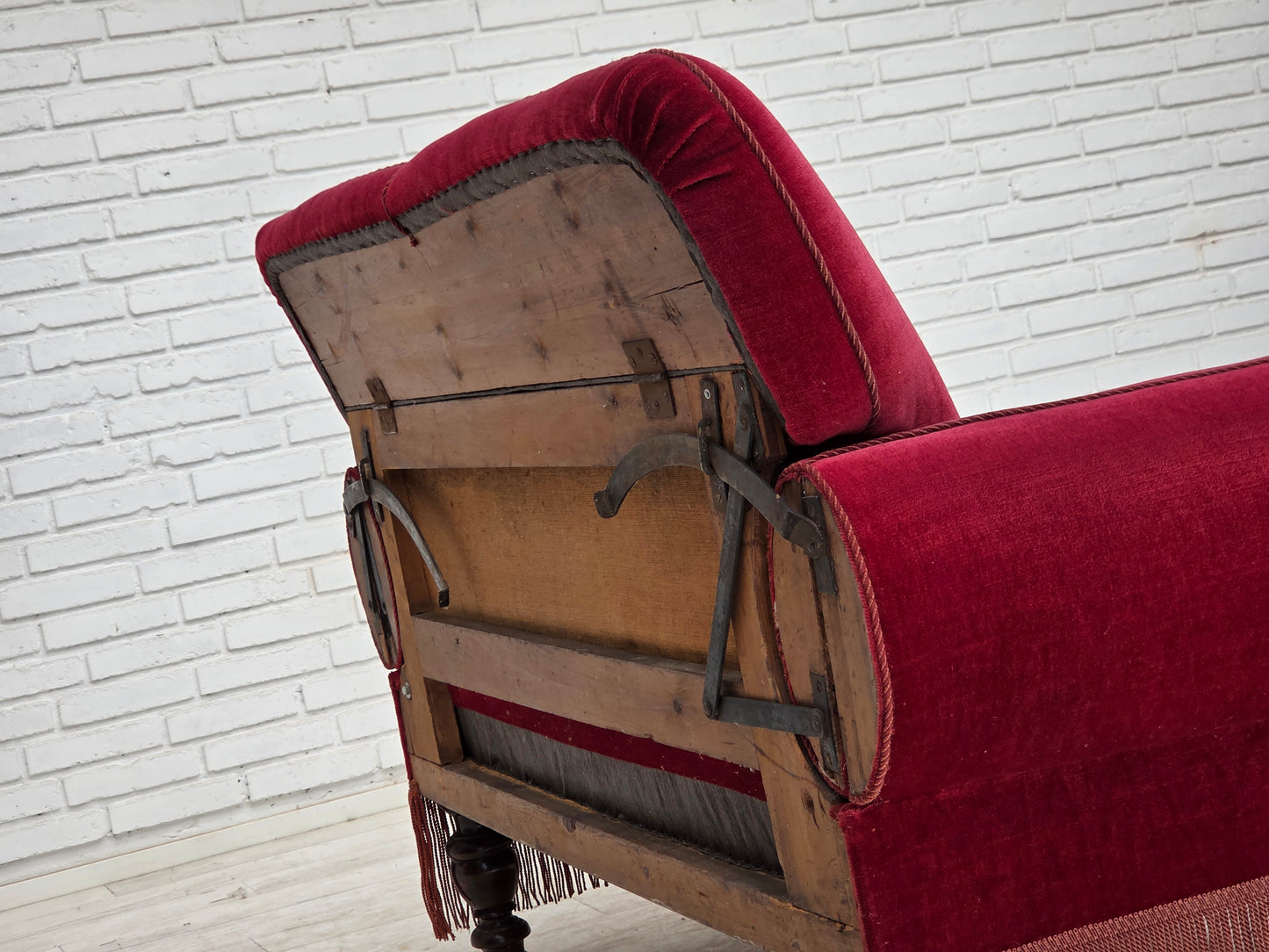 1950s, Danish 2-seater drop arm/back sofa, cherry-red furniture velour.