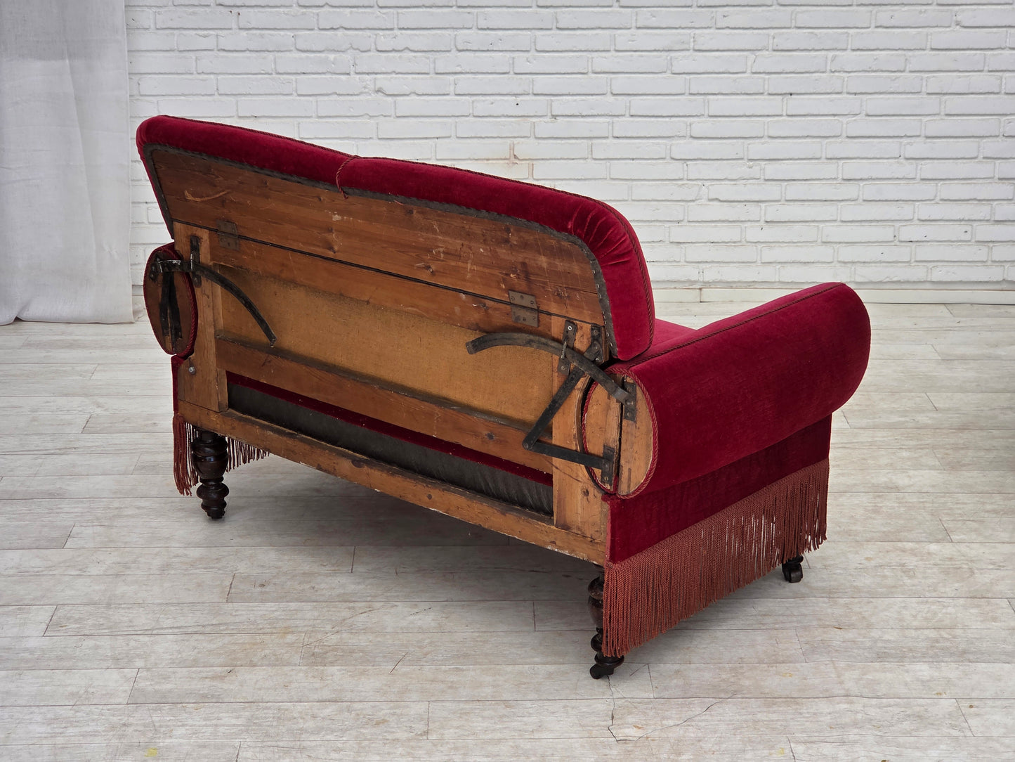 1950s, Danish 2-seater drop arm/back sofa, cherry-red furniture velour.