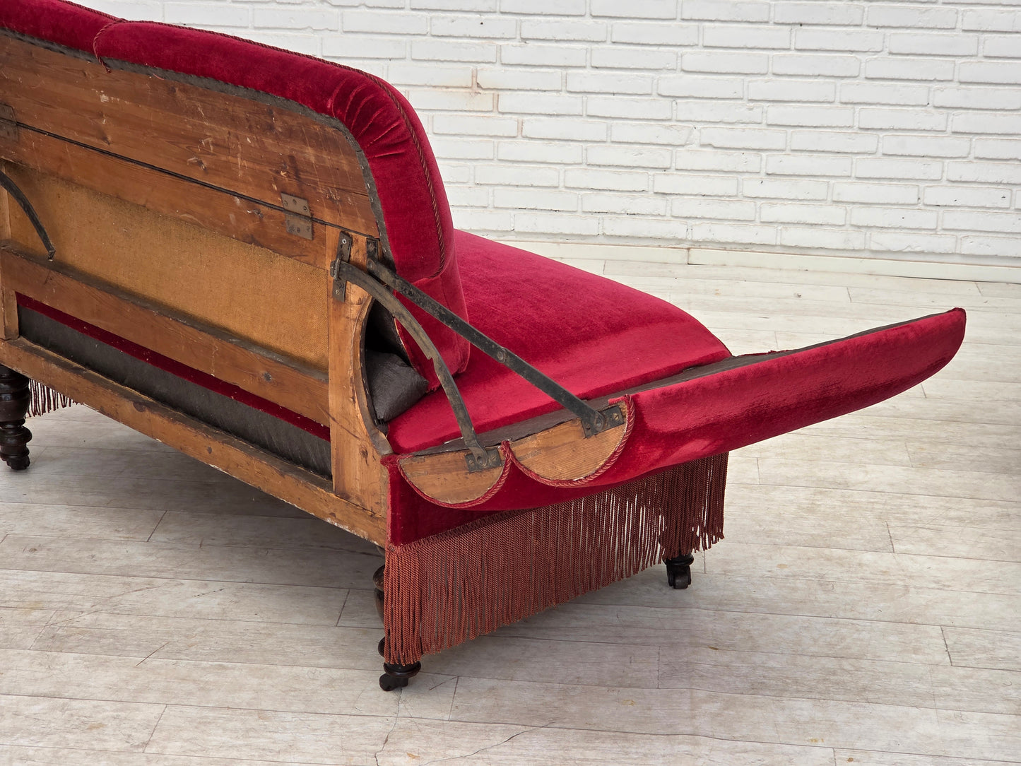 1950s, Danish 2-seater drop arm/back sofa, cherry-red furniture velour.
