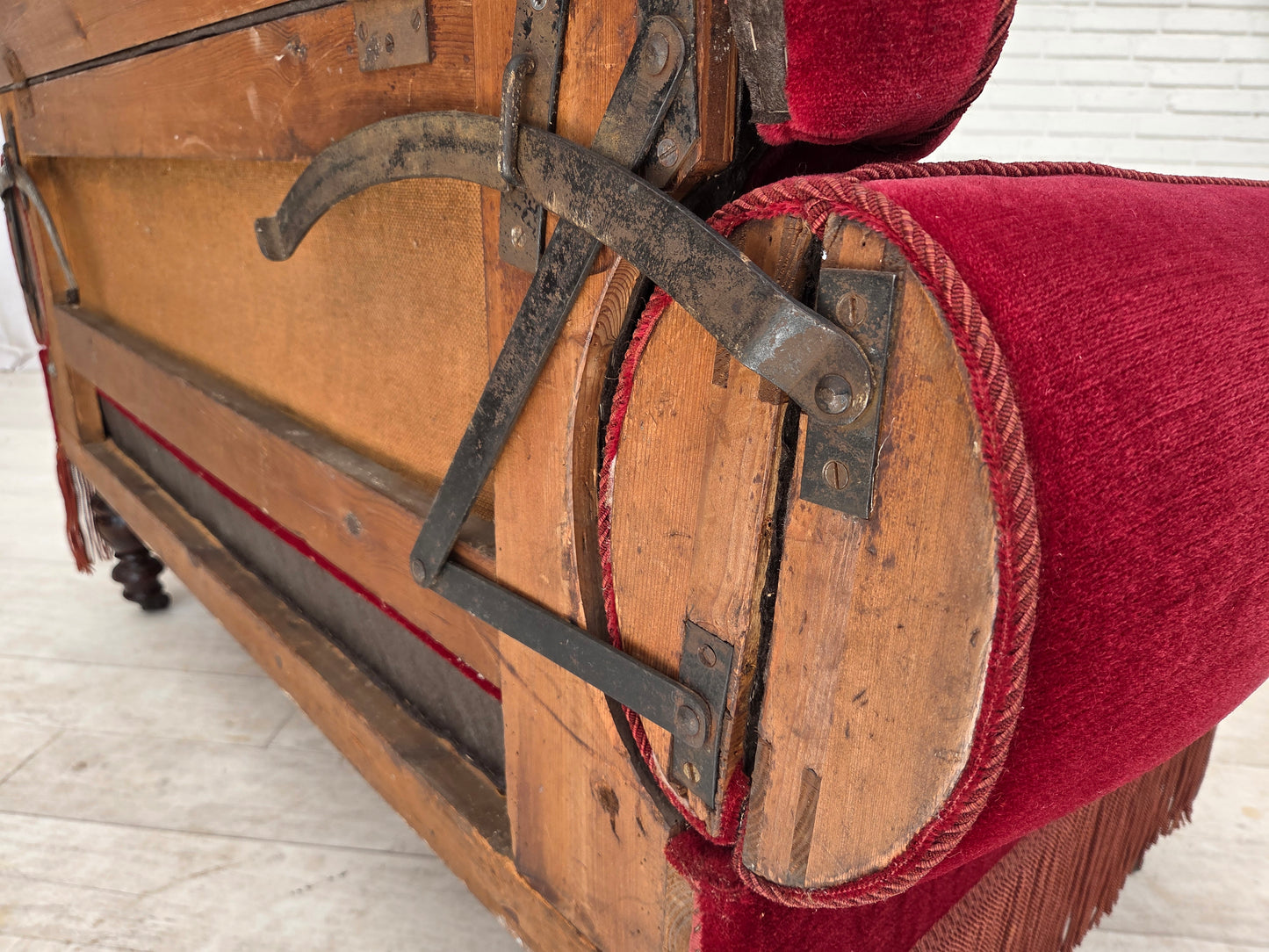 1950s, Danish 2-seater drop arm/back sofa, cherry-red furniture velour.
