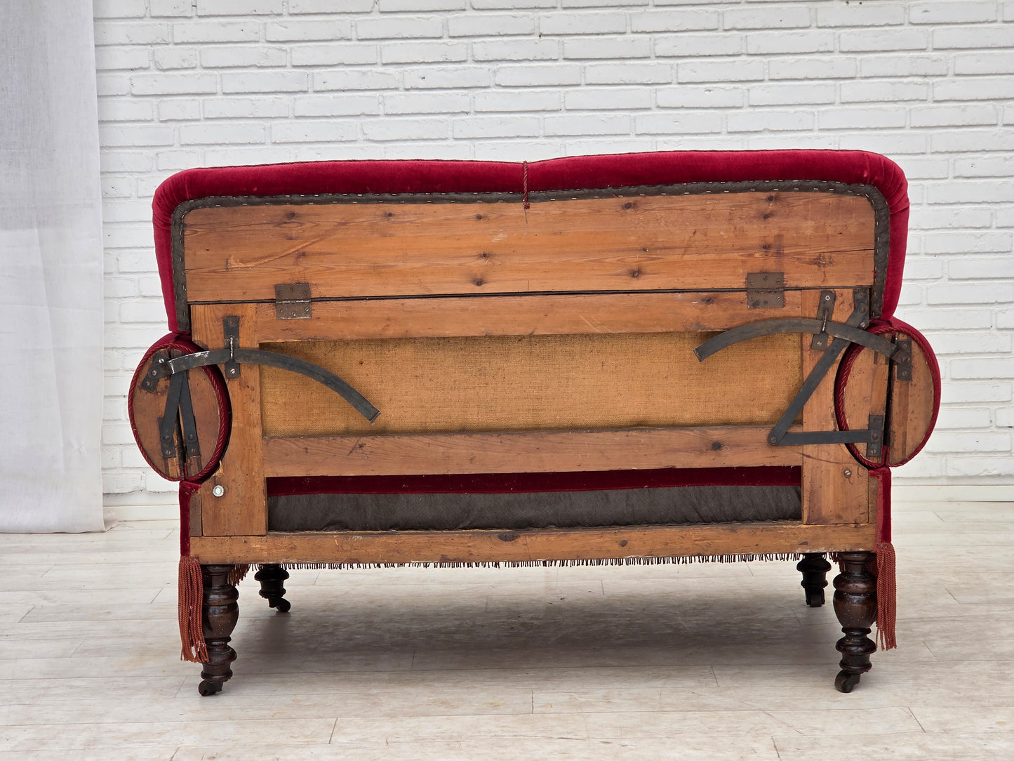 1950s, Danish 2-seater drop arm/back sofa, cherry-red furniture velour.