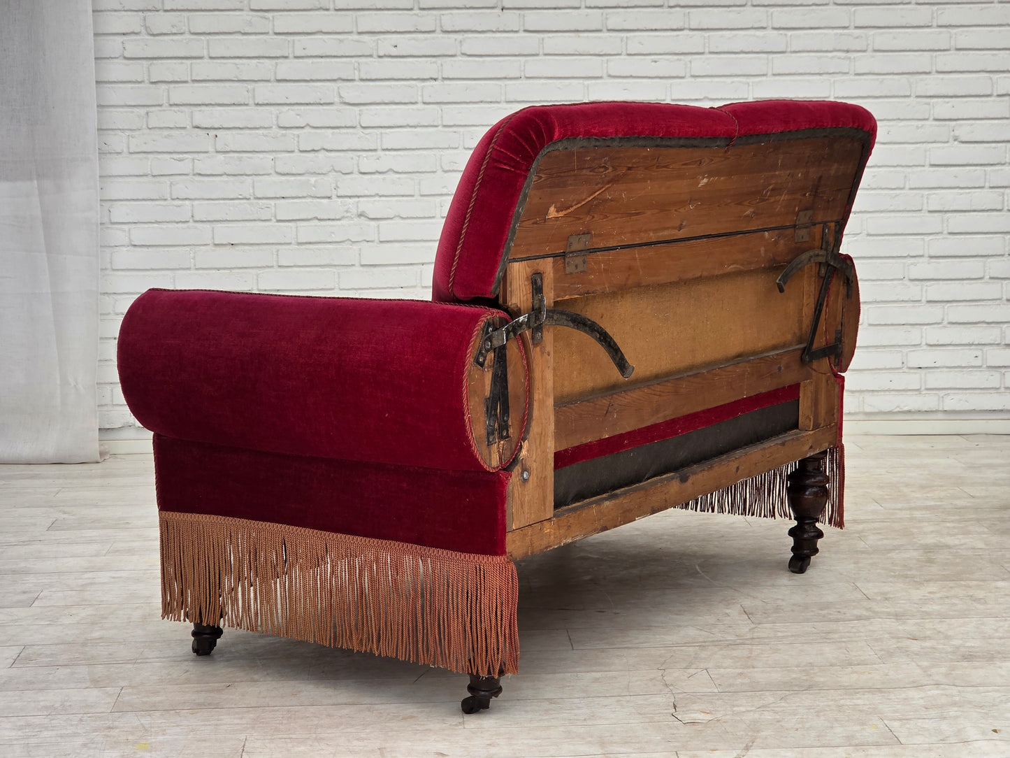 1950s, Danish 2-seater drop arm/back sofa, cherry-red furniture velour.