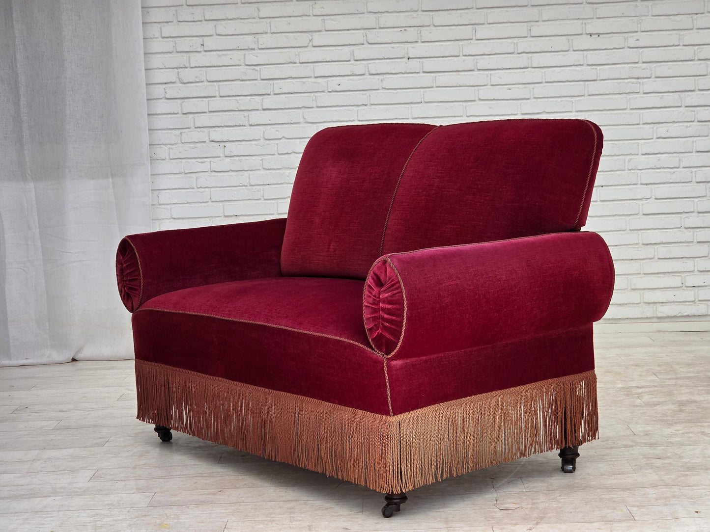 1950s, Danish 2-seater drop arm/back sofa, cherry-red furniture velour.