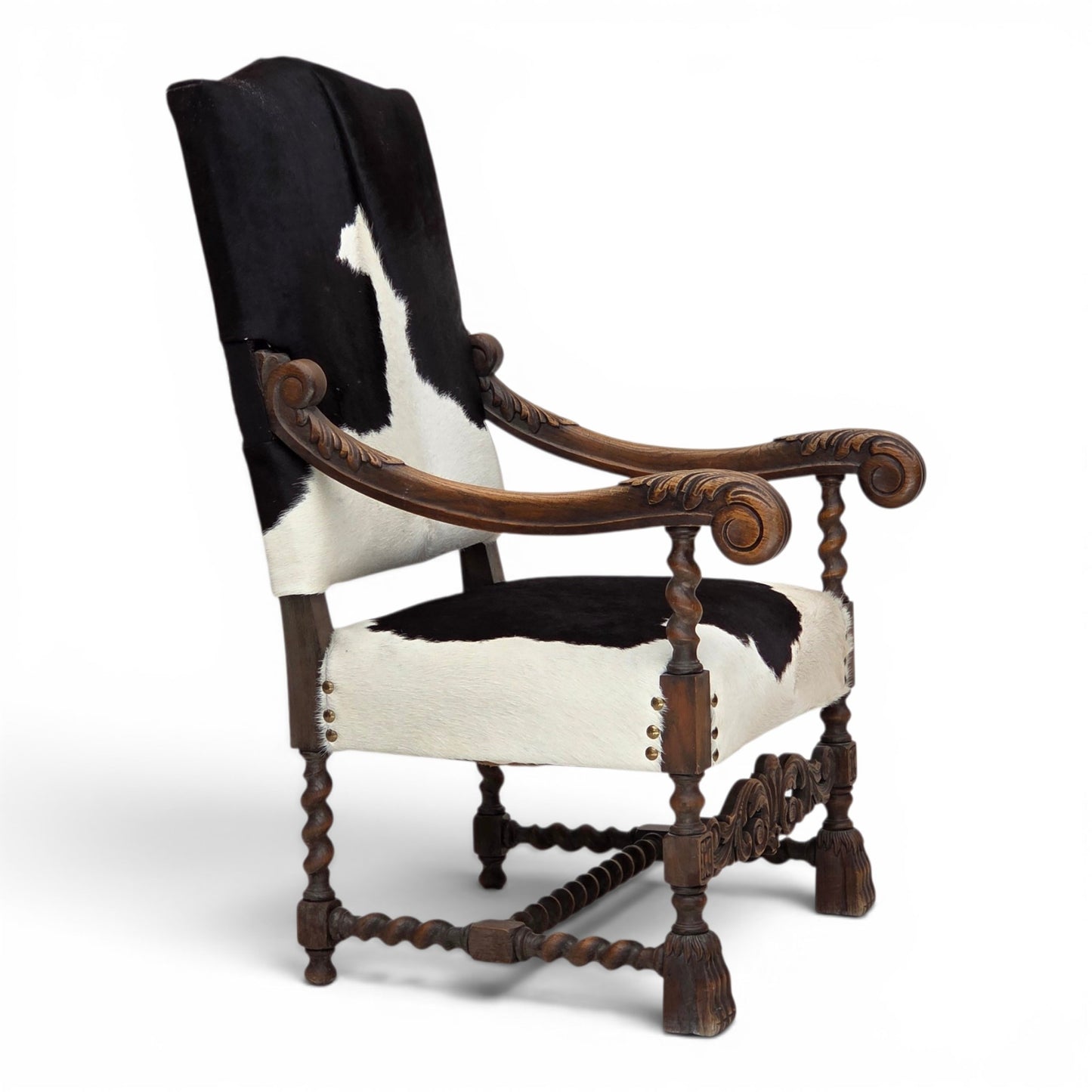 1950s, Danish highback armchair, genuine cowhide, oak wood.