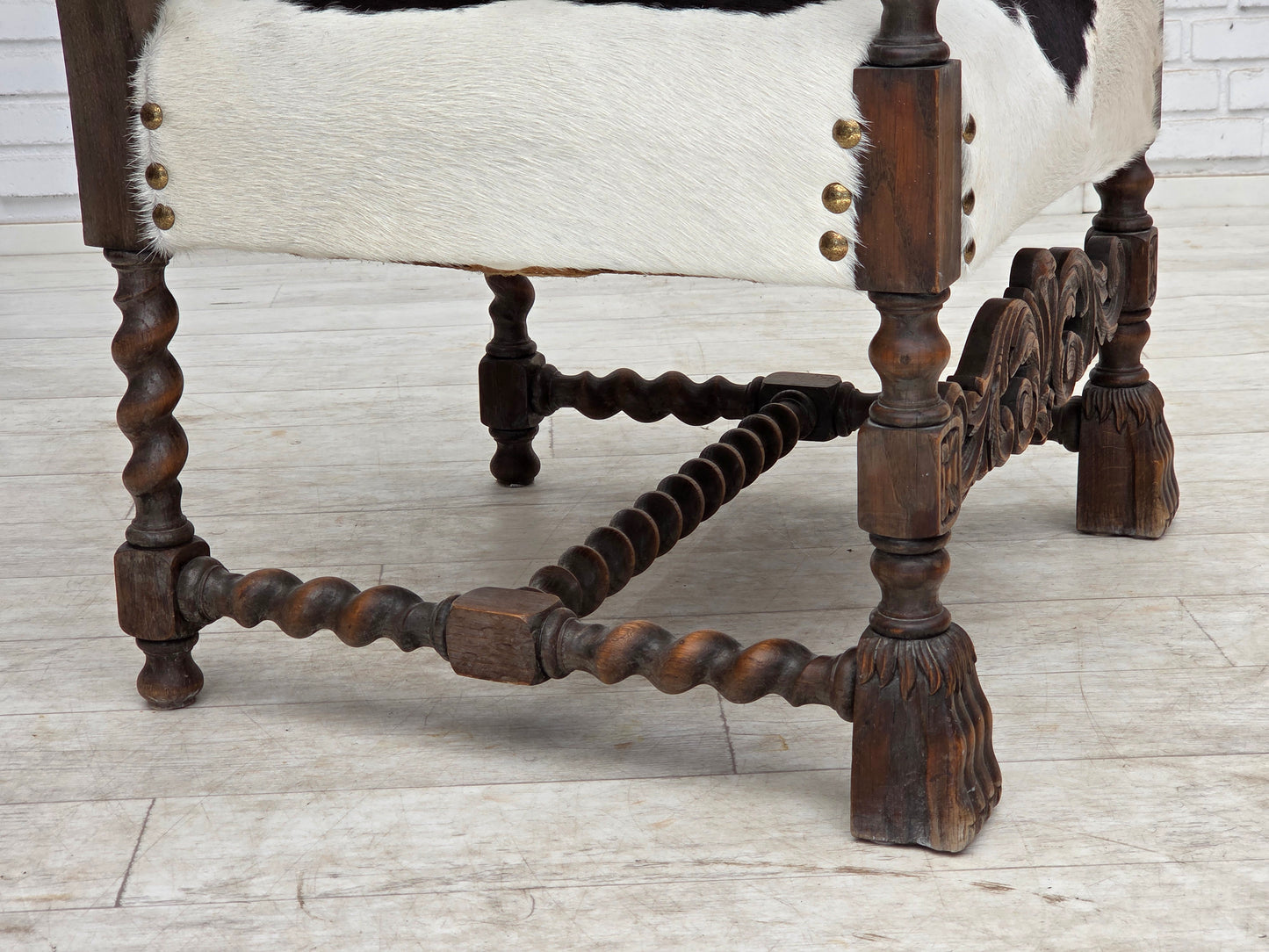 1950s, Danish highback armchair, genuine cowhide, oak wood.
