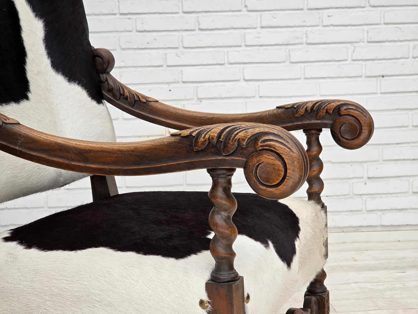 1950s, Danish highback armchair, genuine cowhide, oak wood.