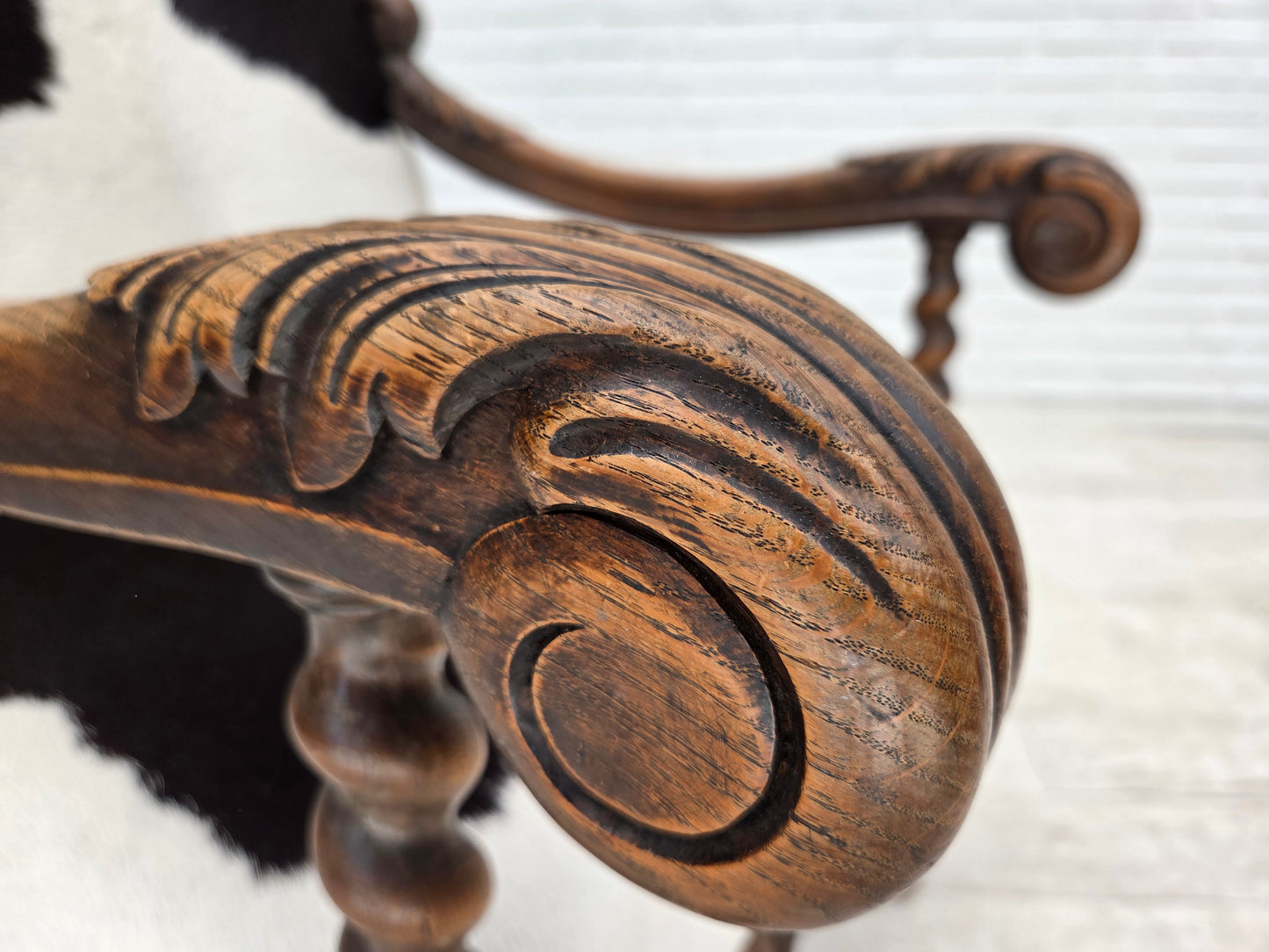 1950s, Danish highback armchair, genuine cowhide, oak wood.