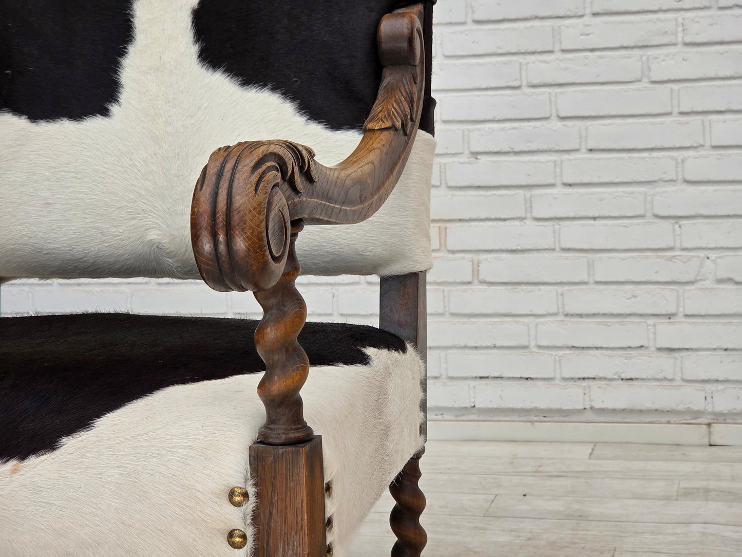1950s, Danish highback armchair, genuine cowhide, oak wood.