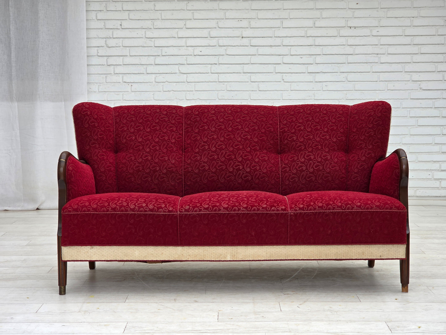 1950s, Danish 3-seater sofa, original red/beige furniture wool.