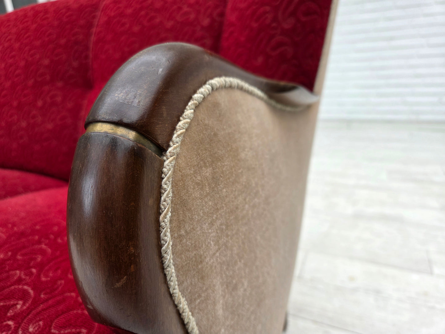 1950s, Danish 3-seater sofa, original red/beige furniture wool.