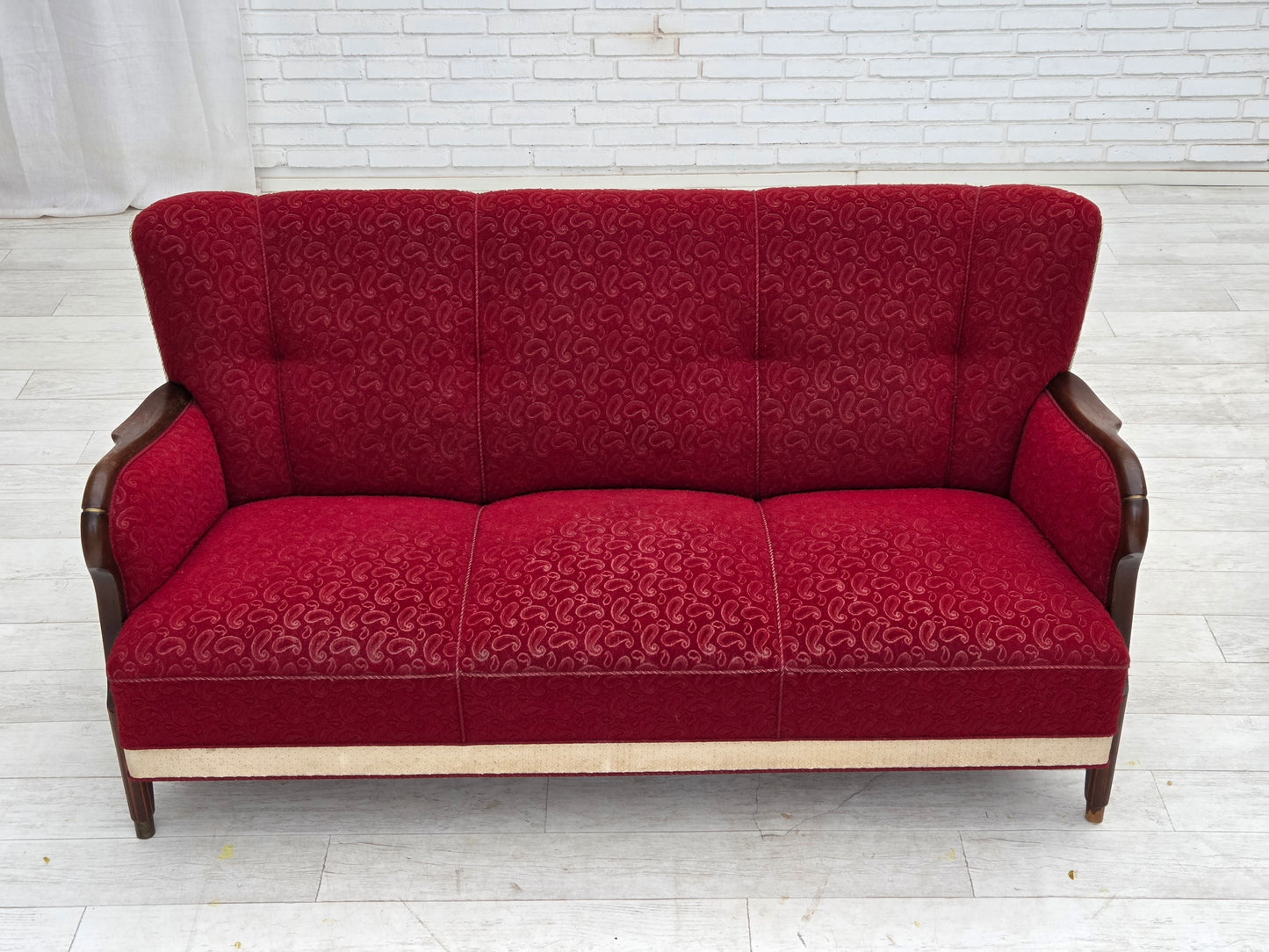 1950s, Danish 3-seater sofa, original red/beige furniture wool.
