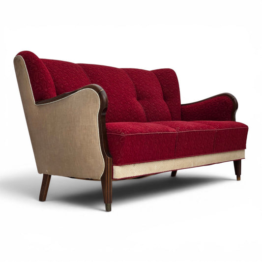 1950s, Danish 3-seater sofa, original red/beige furniture wool.