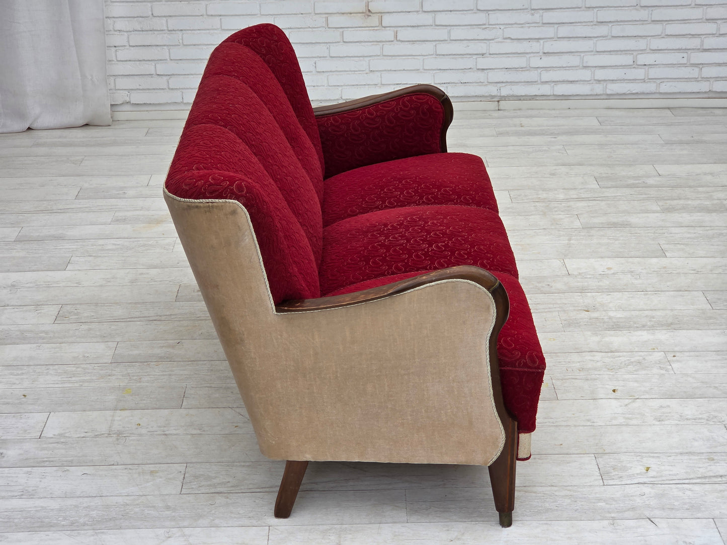 1950s, Danish 3-seater sofa, original red/beige furniture wool.