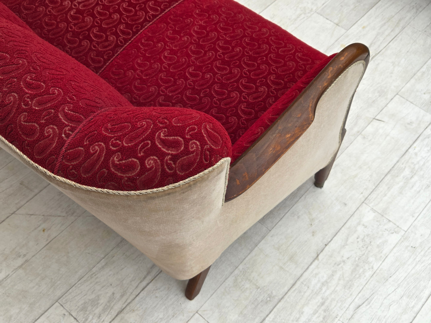 1950s, Danish 3-seater sofa, original red/beige furniture wool.