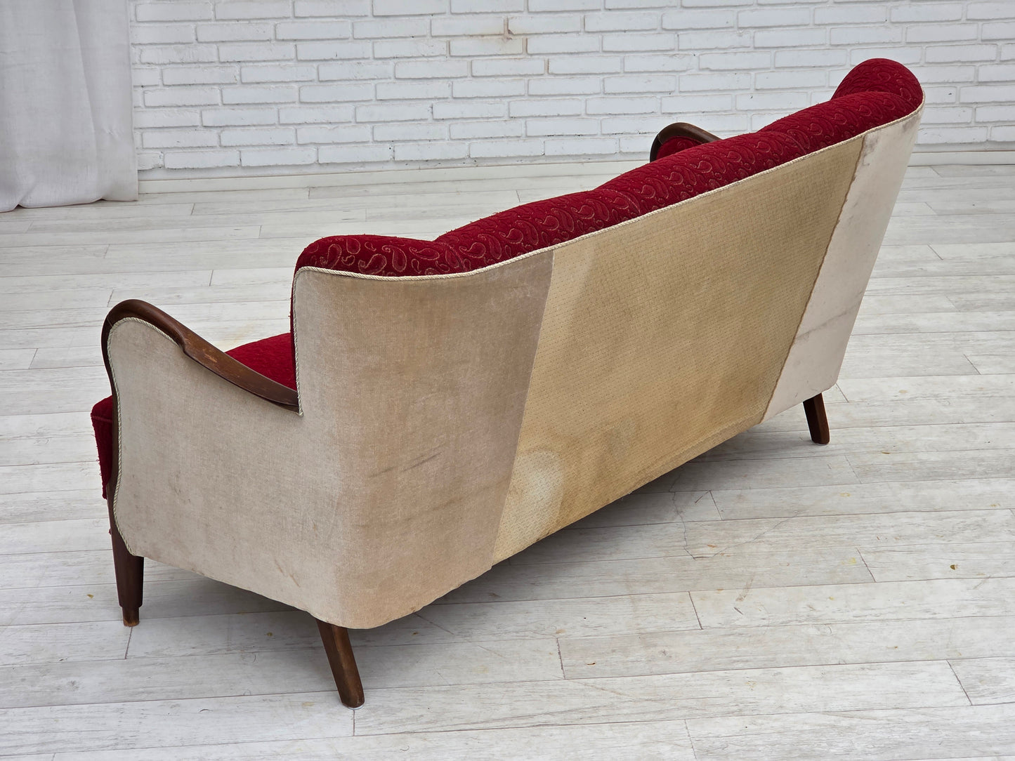 1950s, Danish 3-seater sofa, original red/beige furniture wool.