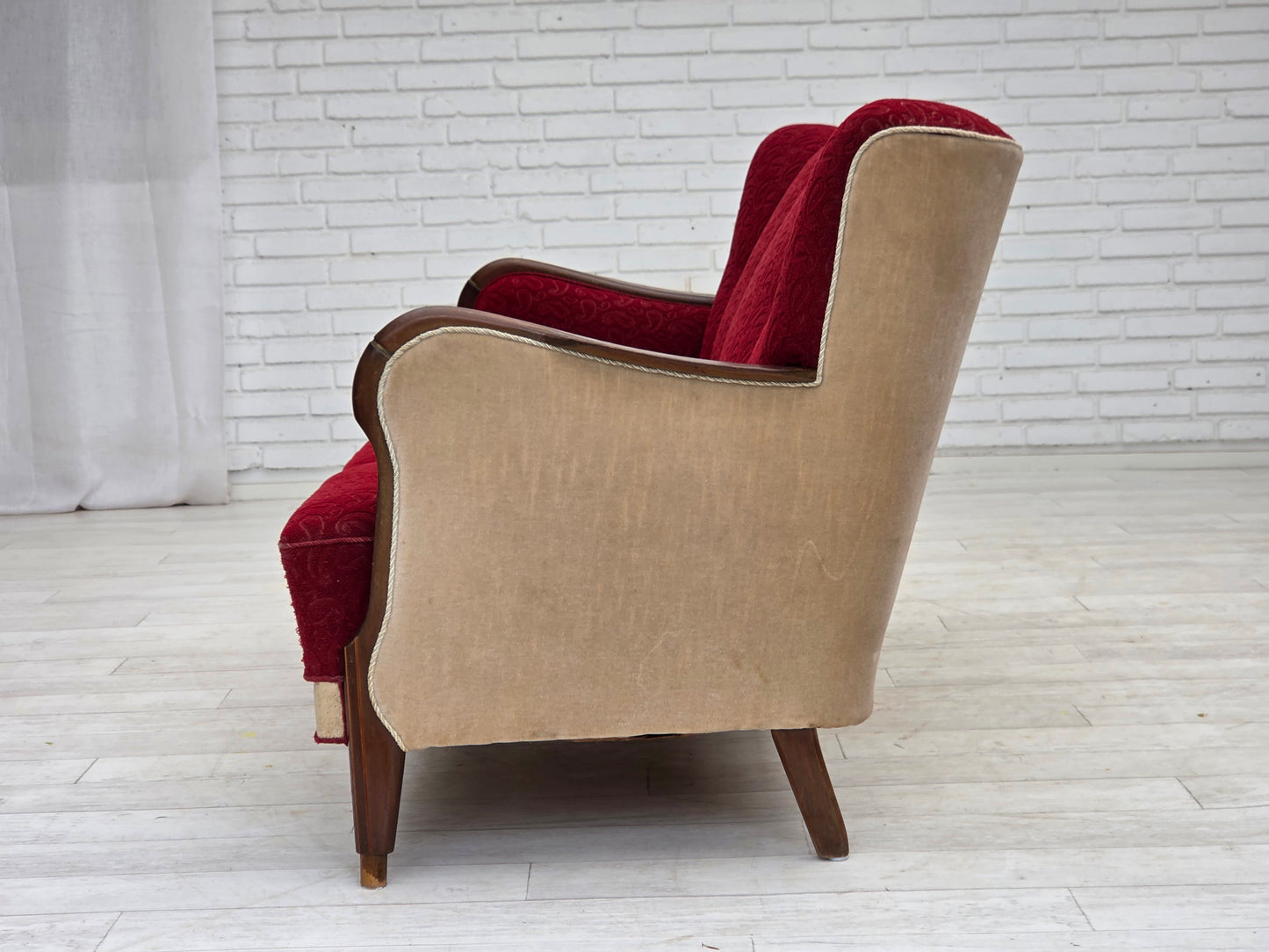 1950s, Danish 3-seater sofa, original red/beige furniture wool.