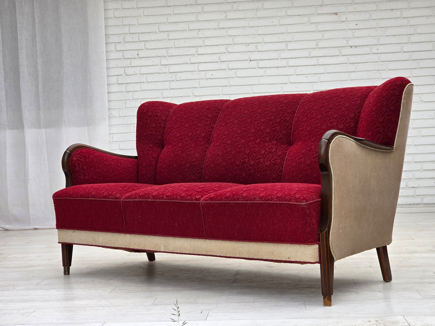 1950s, Danish 3-seater sofa, original red/beige furniture wool.