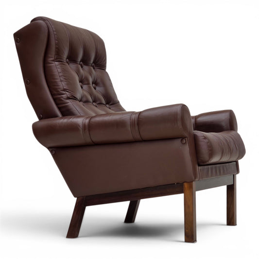 1970s, Danish armchair, original brown furniture leather.