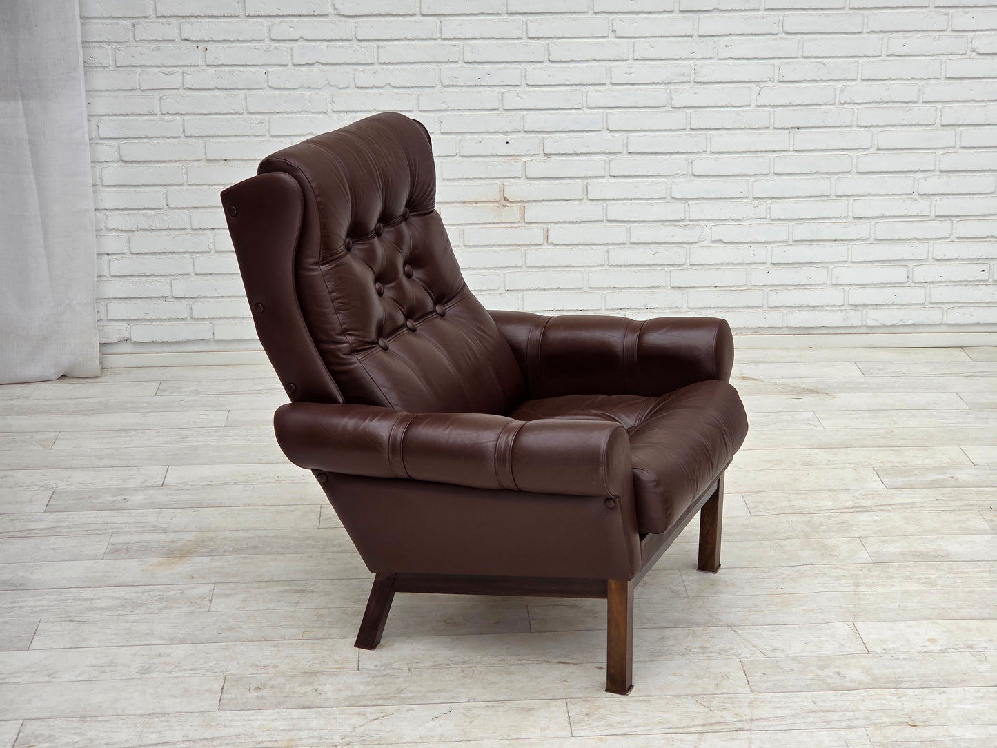 1970s, Danish armchair, original brown furniture leather.