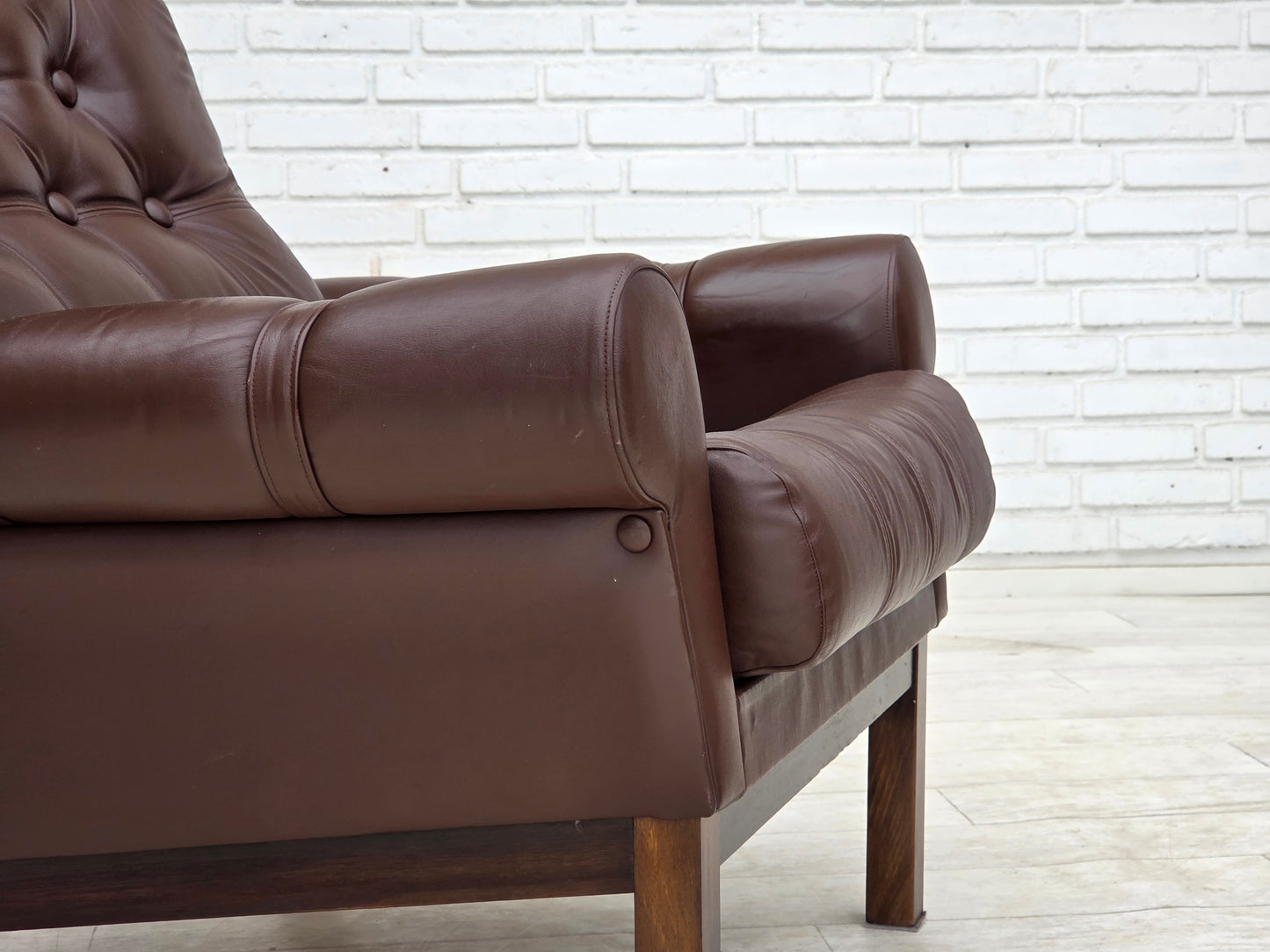 1970s, Danish armchair, original brown furniture leather.