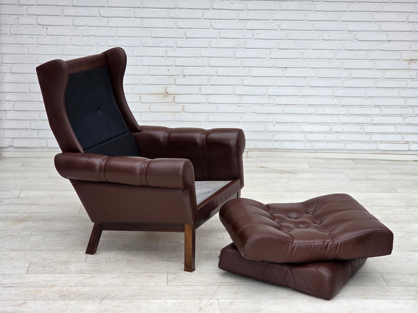 1970s, Danish armchair, original brown furniture leather.
