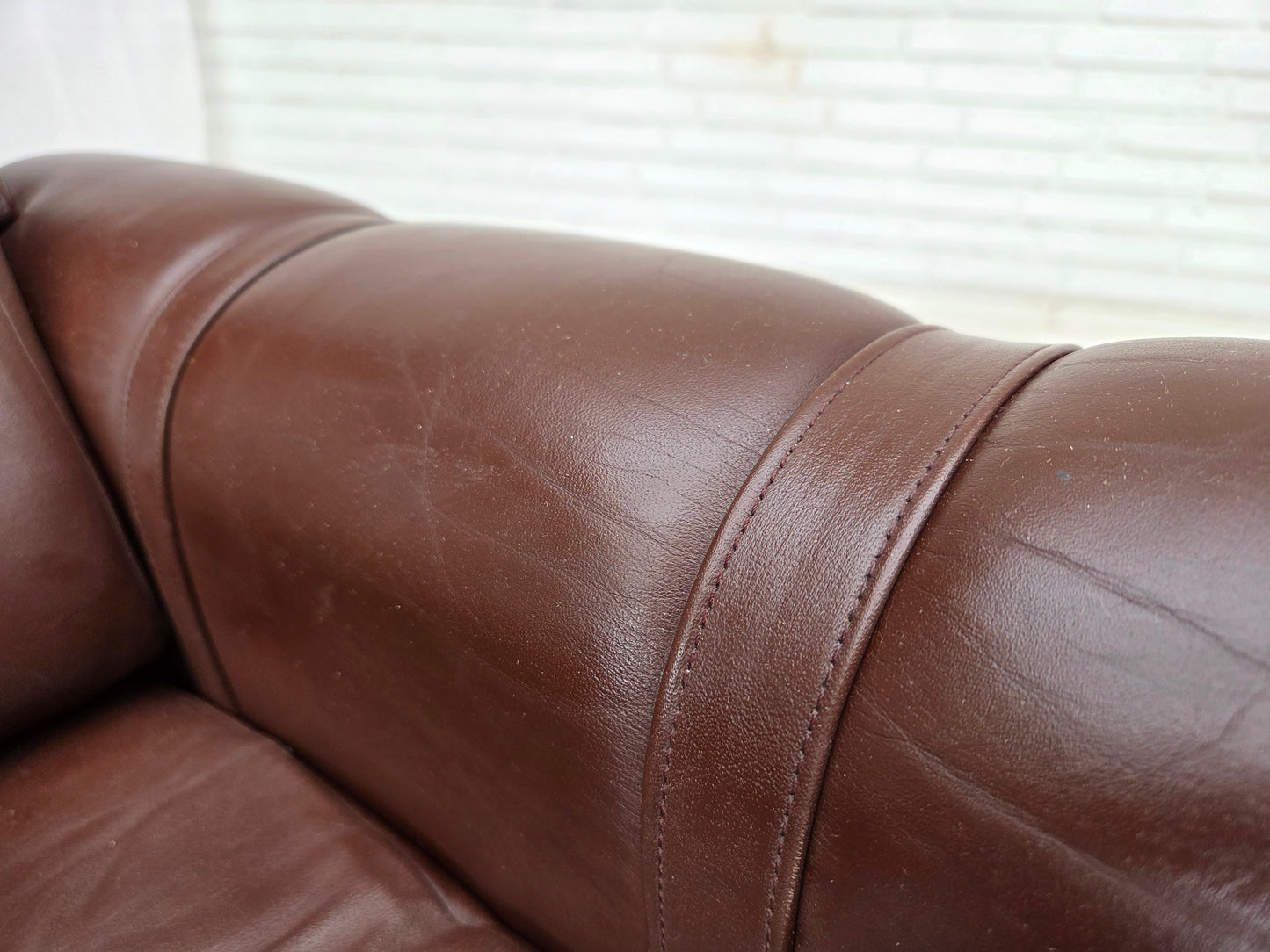 1970s, Danish armchair, original brown furniture leather.