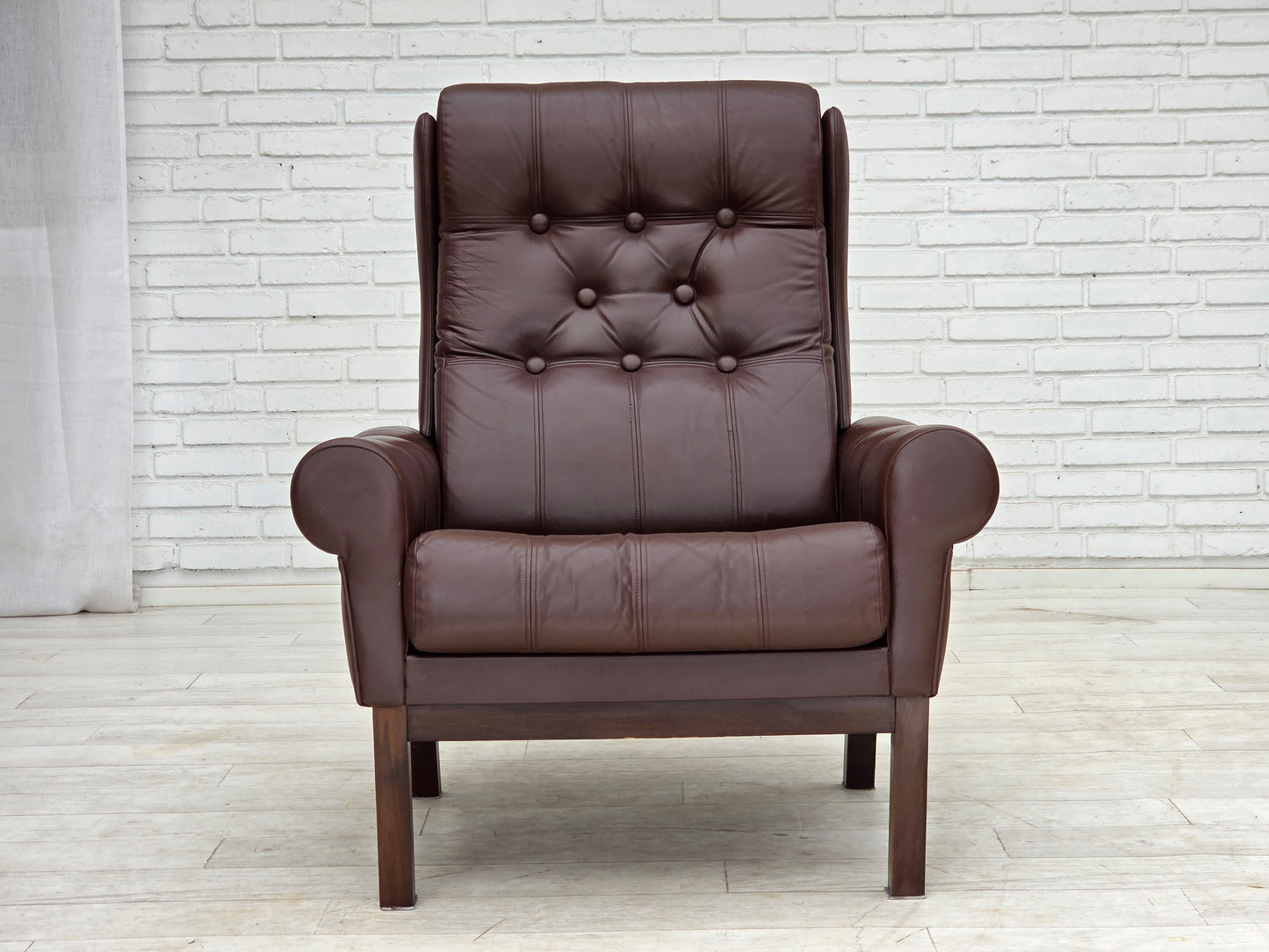 1970s, Danish armchair, original brown furniture leather.