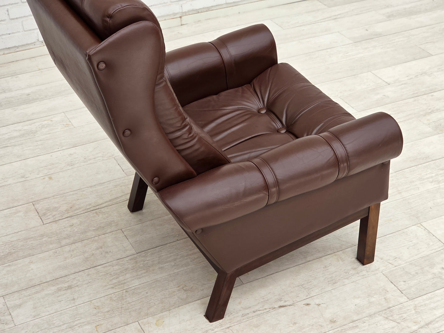 1970s, Danish armchair, original brown furniture leather.