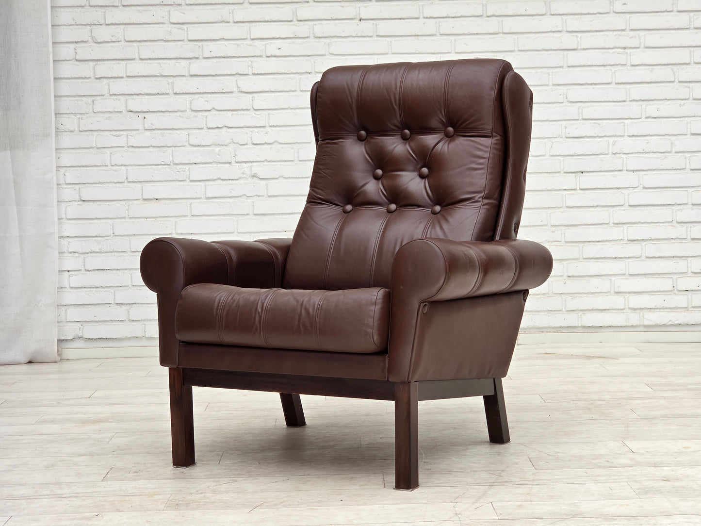 1970s, Danish armchair, original brown furniture leather.