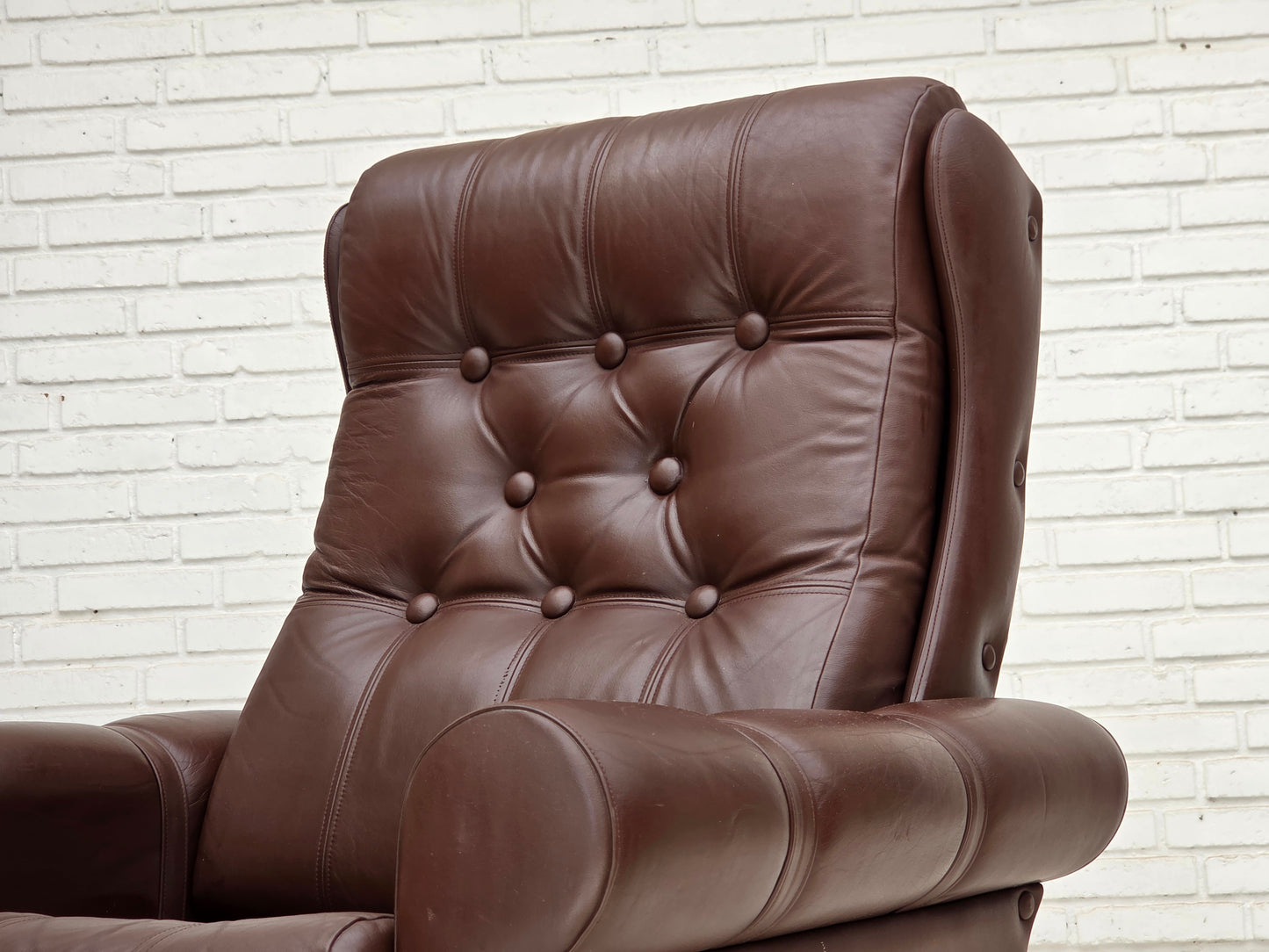1970s, Danish armchair, original brown furniture leather.