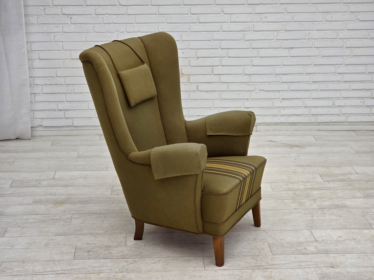 1960s, Danish highback armchair, original green furniture wool.