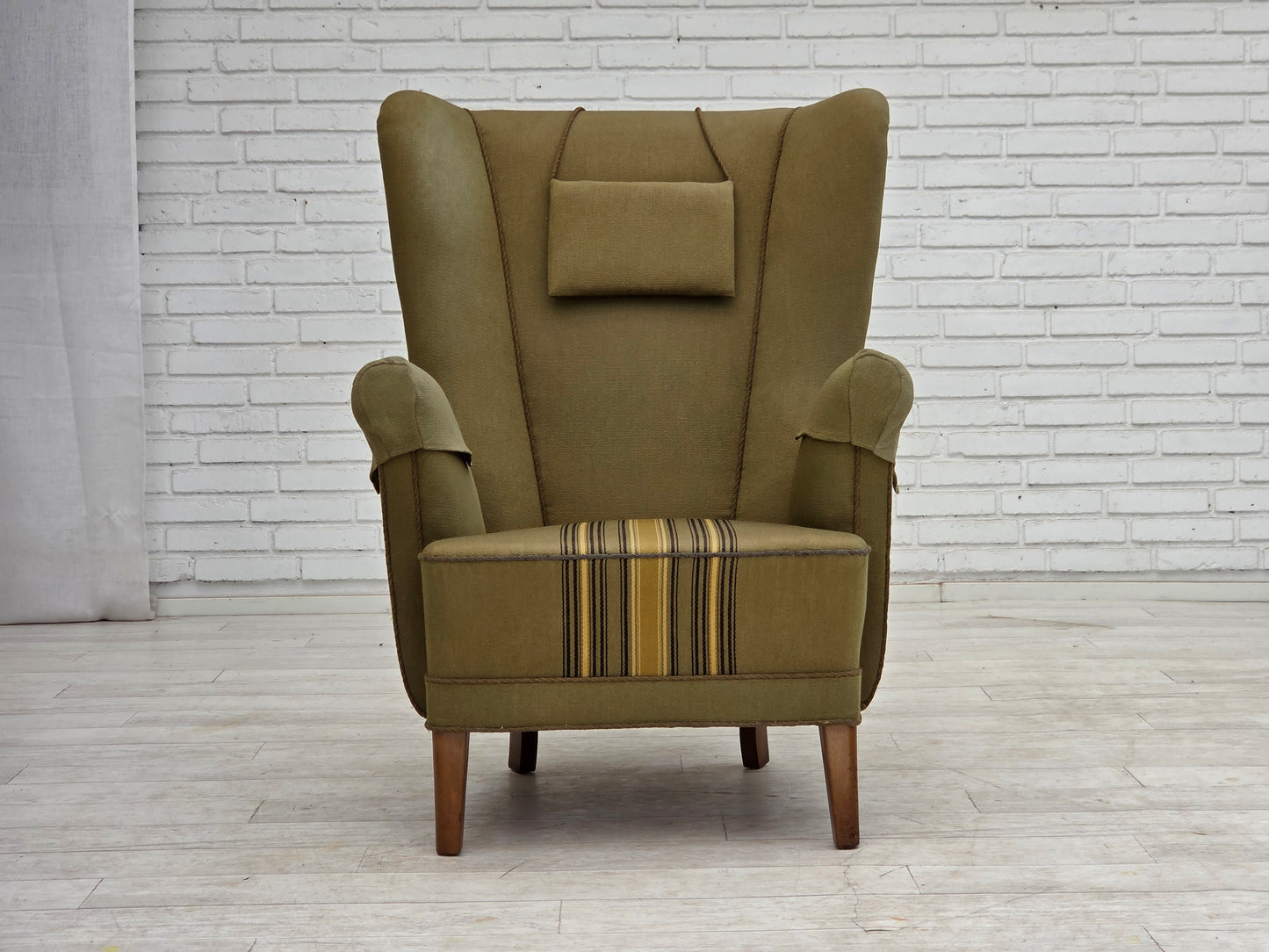 1960s, Danish highback armchair, original green furniture wool.