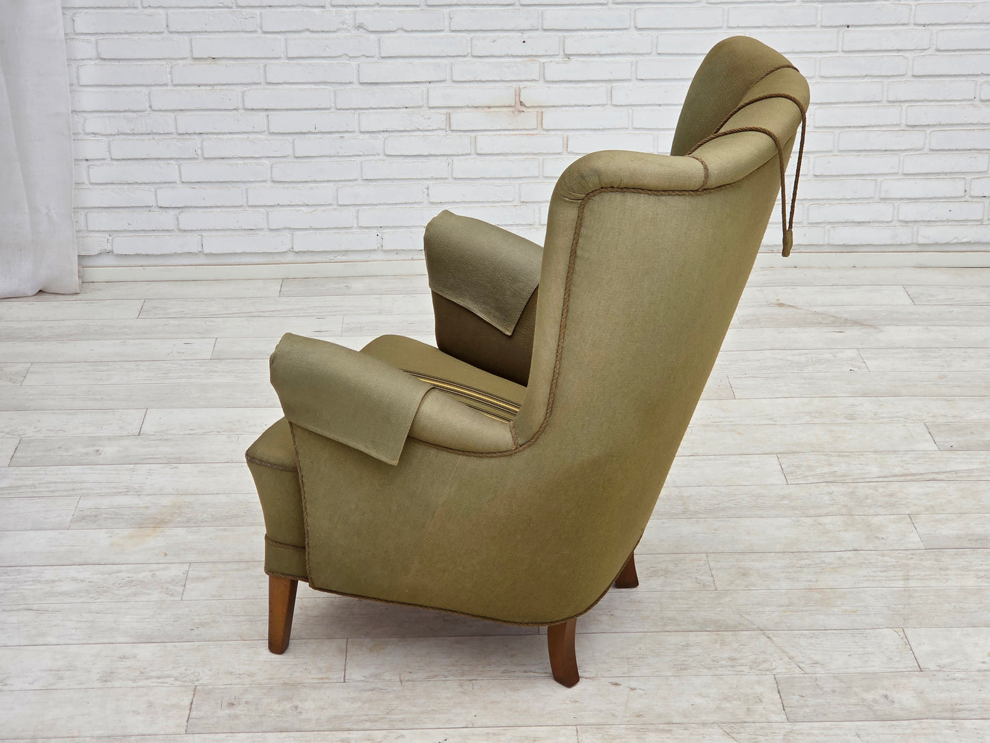 1960s, Danish highback armchair, original green furniture wool.