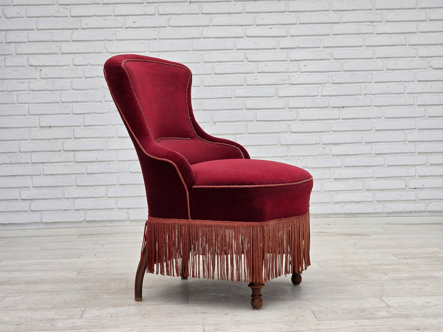 1950s, Danish cocktail lounge chair, cherry-red furniture velour.