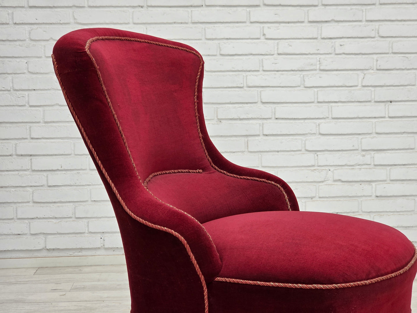 1950s, Danish cocktail lounge chair, cherry-red furniture velour.