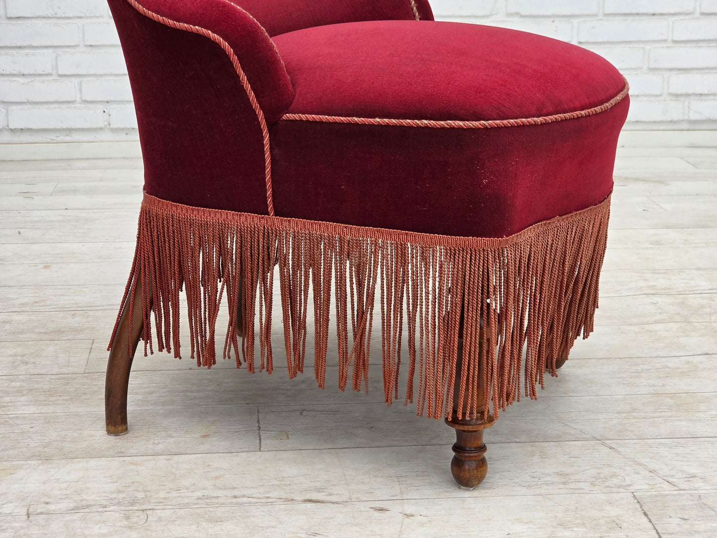 1950s, Danish cocktail lounge chair, cherry-red furniture velour.