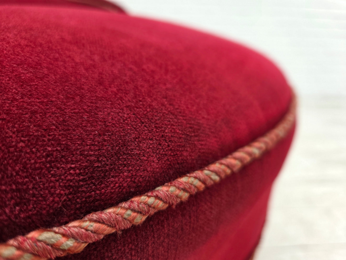 1950s, Danish cocktail lounge chair, cherry-red furniture velour.