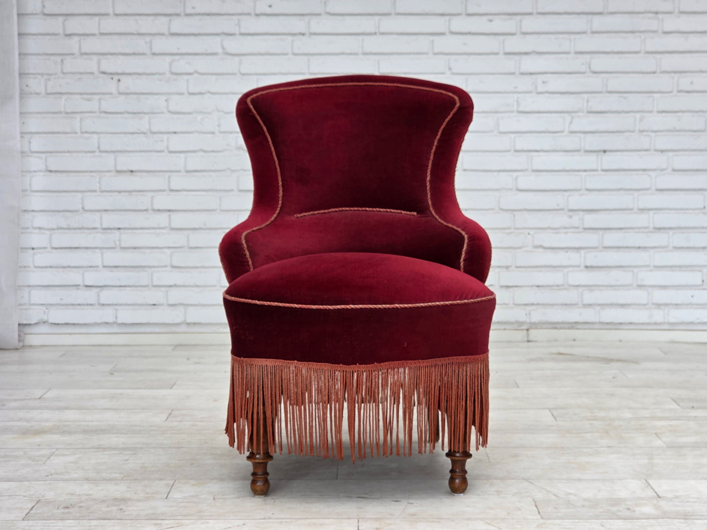1950s, Danish cocktail lounge chair, cherry-red furniture velour.